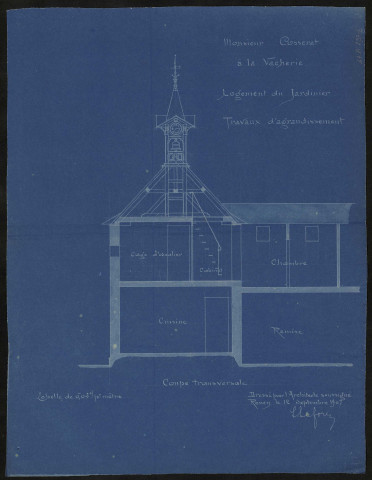 Propriété de Monsieur Cosserat à la Vacherie : logement du jardinier, travaux d'agrandissement, coupe transversale