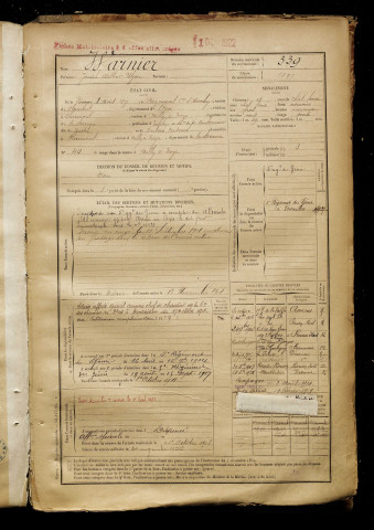 Warnier, Joseph Arthur Ulysse, né le 08 août 1877 à Avrechy (Oise), classe 1897, matricule n° 339, Bureau de recrutement de Péronne