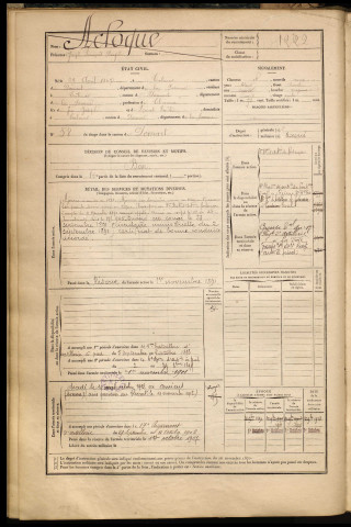 Acloque, Joseph François Diogène, né le 22 avril 1867 à Talmas (Somme), classe 1887, matricule n° 1222, Bureau de recrutement d'Abbeville