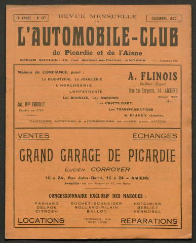 L'Automobile-club de Picardie et de l'Aisne. Revue mensuelle, 137, décembre 1922