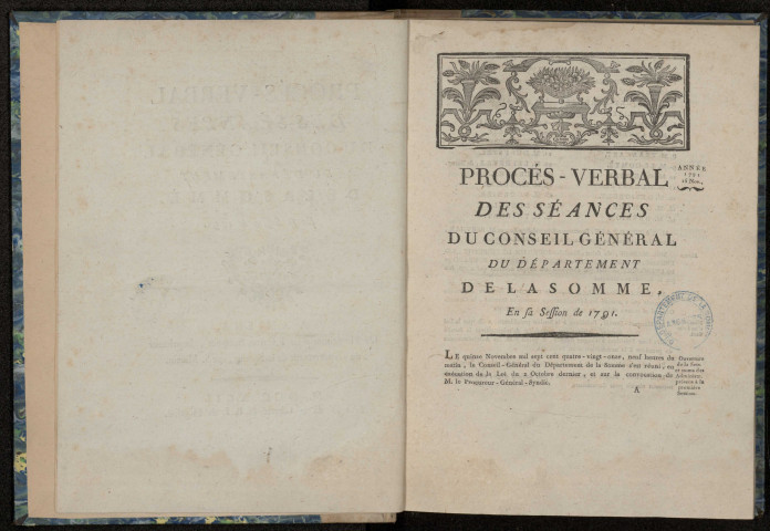 Délibérations du conseil du département : « Procès-verbal des séances du conseil général du département de la Somme en sa session de 1791. » Impression du registre précédent (L 70)