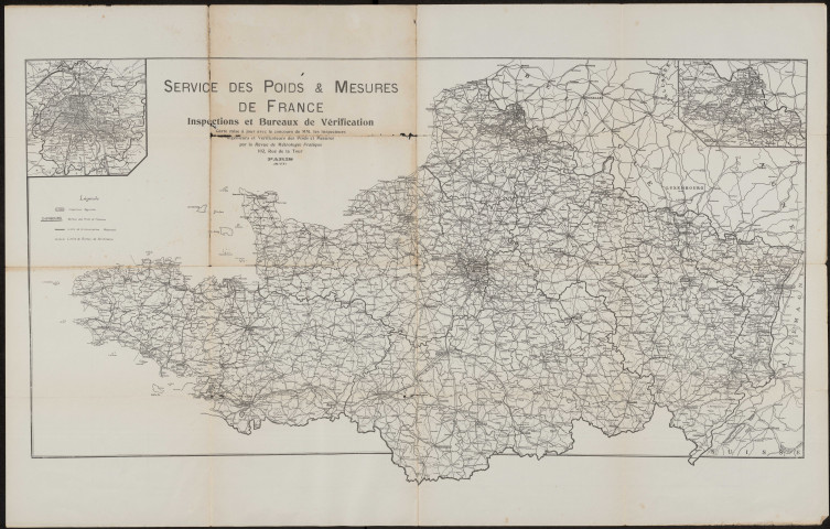 Service des poids et mesures de France. Inspections et bureaux de vérification. Carte mise à jour avec le concours de MM. les inspecteurs ingénieurs et vérificateurs des poids et mesures pour la Revue de Métrologie Pratique 102 rue de la Tour à Paris