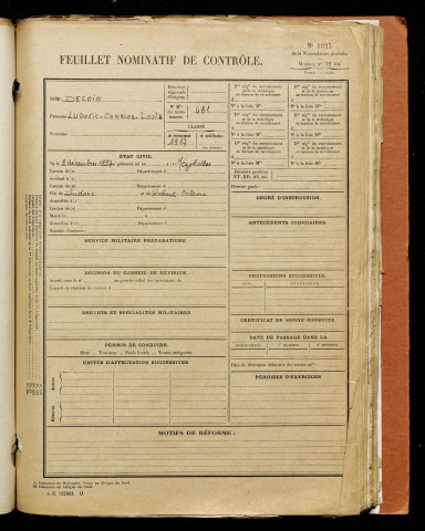 Decoin, Ludovic Charles Louis, né le 08 décembre 1897 à Mézerolles (Somme), classe 1917, matricule n° 431, Bureau de recrutement d'Amiens