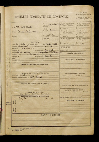 Monvoisin, Ernest Louis Henri, né le 14 juin 1892 à Maizicourt (Somme), classe 1912, matricule n° 262, Bureau de recrutement d'Abbeville