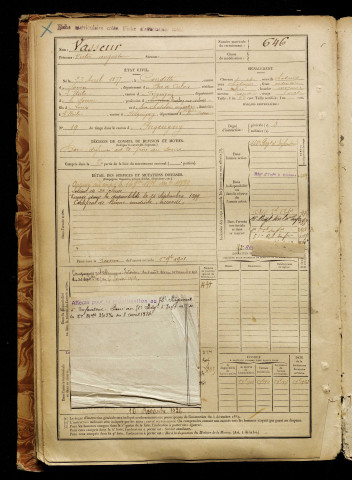 Vasseur, Victor Auguste, né le 23 avril 1877 à Condette (Pas-de-Calais), classe 1897, matricule n° 646, Bureau de recrutement d'Amiens