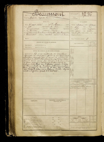 Beaumont, Modeste Augustin Irénée, né le 26 août 1886 à Saint-Maur-des-Fossés (Paris), classe 1906, matricule n° 1276, Bureau de recrutement d'Abbeville