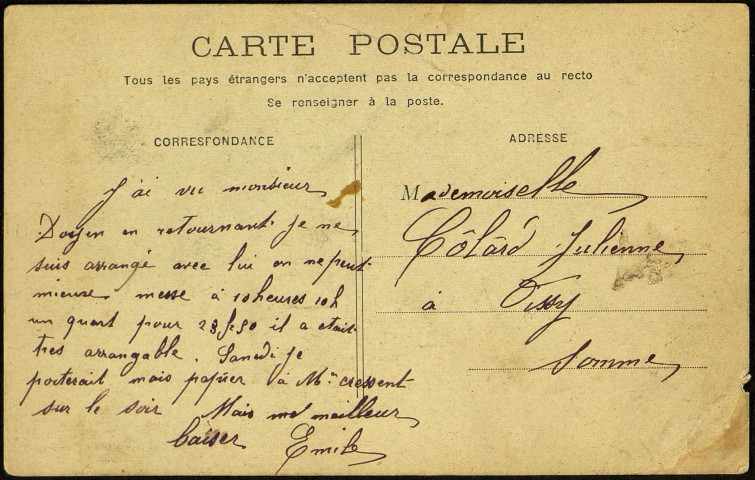 Carte postale "Salut de Paris - Trocadéro" adressée par Emile Sueur (1886-1948) à Julienne Colard (1887-1974)