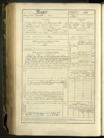 Roger, Jules Léonard, né le 29 avril 1861 à Méricourt l'Abbé (Somme, France), classe 1881, matricule n° 424, Bureau de recrutement Péronne