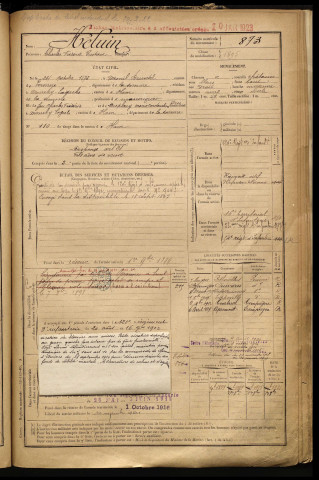 Héluin, Charles Frédéric Gustave, né le 24 octobre 1875 à Mesnil-Bruntel (Somme), classe 1895, matricule n° 873, Bureau de recrutement de Péronne