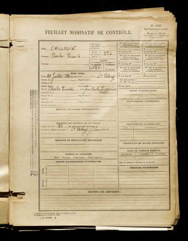 Caillouin, Charles Emile, né le 28 juillet 1891 à Saint-Valery-sur-Somme (Somme), classe 1911, matricule n° 881, Bureau de recrutement d'Abbeville