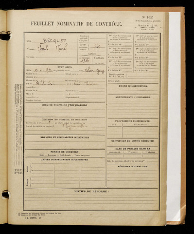 Becquet, Joseph Marcel, né le 13 février 1893 à Cahon (Somme), classe 1913, matricule n° 462, Bureau de recrutement d'Abbeville