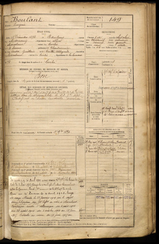 Boulant, Eugène, né le 18 décembre 1872 à Banteux (Nord), classe 1892, matricule n° 149, Bureau de recrutement d'Amiens