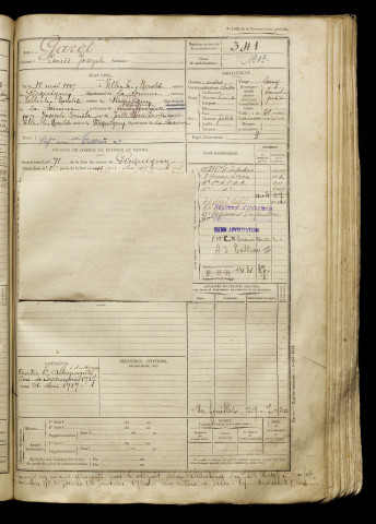 Garet, Louis Joseph, né le 18 mai 1895 à Ville-le-Marclet (Somme), classe 1915, matricule n° 341, Bureau de recrutement d'Amiens