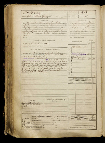 Leroy, Norbert François Charles Emile, né le 12 décembre 1888 à Vaire-sous-Corbie (Somme), classe 1908, matricule n° 818, Bureau de recrutement d'Amiens