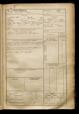 Froissart, Jean Paul Julien, né le 26 juin 1899 à Ercheu (Somme), classe 1919, matricule n° 159, Bureau de recrutement de Péronne