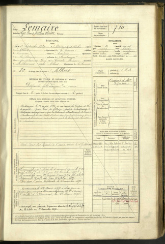Lemaire, Cyr Louis Arthur Olivier, né le 02 septembre 1860 à Buire-sous-Corbie (Somme, France), classe 1880, matricule n° 710, Bureau de recrutement de Péronne