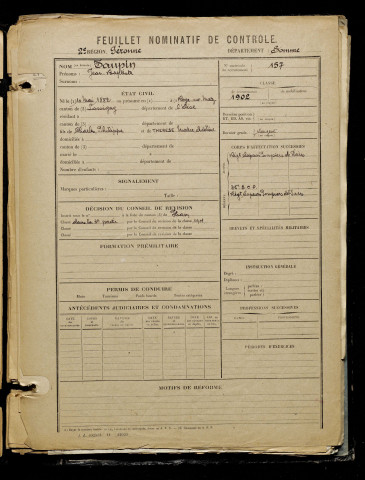Taupin, Jean Baptiste, né le 10 mai 1882 à Roye-sur-Matz (Oise), classe 1902, matricule n° 157, Bureau de recrutement de Péronne