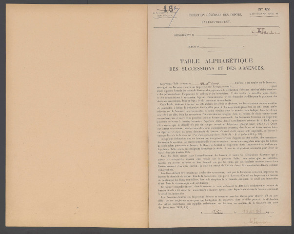 Table des successions et absences du bureau de Péronne
