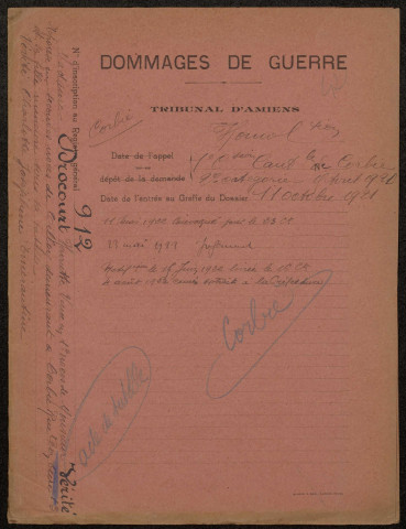 Corbie. Demande d'indemnisation des dommages de guerre : dossier Vérité-Drocourt