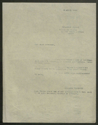 Témoignage de Saunal, René et correspondance avec Jacques Péricard