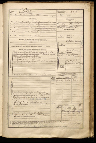 Petit, Oswald François Alphonse, né le 05 août 1874 à Méharicourt (Somme), classe 1894, matricule n° 457, Bureau de recrutement de Péronne