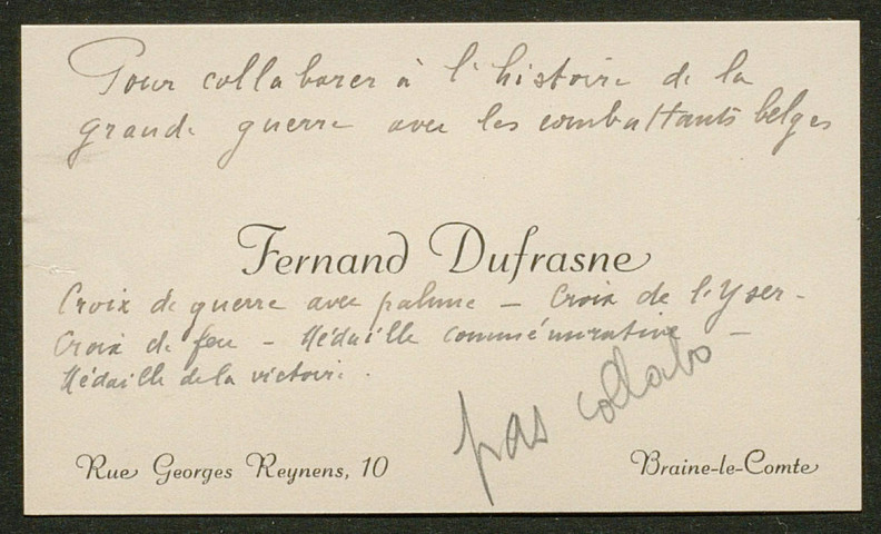 Témoignage de Dufrasne, Fernand (Brancardier) et correspondance avec Jacques Péricard