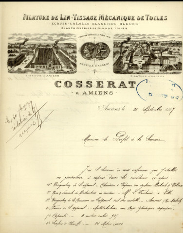 Lettre de Maurice Cosserat adréssée au Préfet de la Somme au sujet de l'installation d'un générateur à vapeur