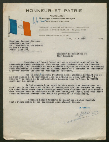 Témoignage de Mari, A. (Président de l'Association d'Anciens Combattants Français de la ville de Gand et environs) et correspondance avec Jacques Péricard