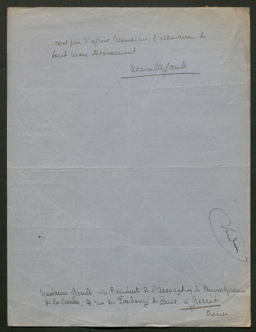 Témoignage de Gault, Marcelle (Vice présidente des Veuves de guerre de la Creuse) et correspondance avec Jacques Péricard