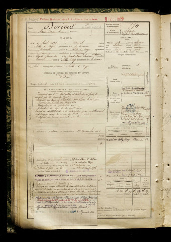 Dorival, Marie Joseph Casimir, né le 04 août 1879 à Rouvrel (Somme), classe 1899, matricule n° 774, Bureau de recrutement de Péronne