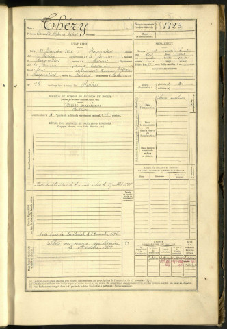 Théry, Camille Alphonse Albert, né le 31 décembre 1862 à Bayonvillers (Somme, France), classe 1882, matricule n° 1123, Bureau de recrutement de Péronne