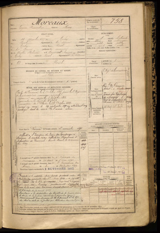 Moreaux, Eugène Maximilien, né le 14 décembre 1867 à Épehy (Somme), classe 1887, matricule n° 758, Bureau de recrutement de Péronne