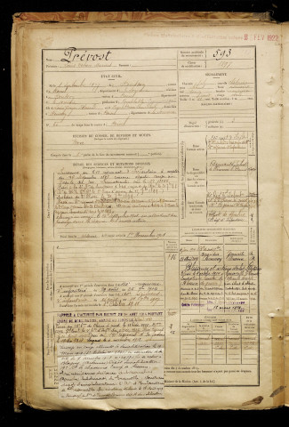 Prévost, Louis Octave Marius, né le 08 septembre 1877 à Ronssoy (Somme), classe 1897, matricule n° 593, Bureau de recrutement de Péronne