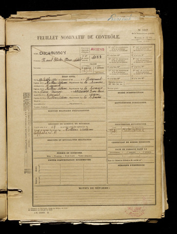 Duchaussoy, Raoul Hector Pierre Natalie, né le 19 octobre 1890 à Riencourt (Somme), classe 1910, matricule n° 1133, Bureau de recrutement d'Amiens