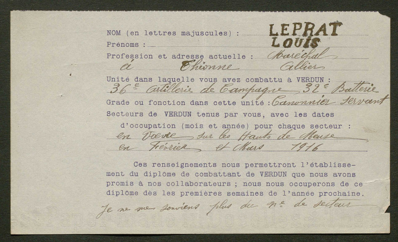 Témoignage de Leprat, Louis et correspondance avec Jacques Péricard