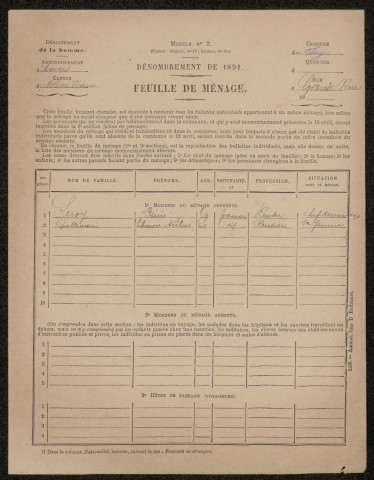 Dénombrement de la population 1891 : Fluy (feuilles ménages)