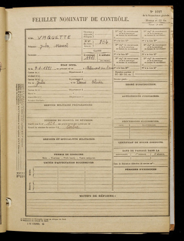 Vaquette, Jules Marcel, né le 07 janvier 1893 à Ribemont-sur-Ancre (Somme), classe 1913, matricule n° 804, Bureau de recrutement d'Amiens