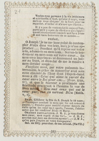 Image pieuse dentelle. Mon Dieu et mon tout. Saint Joseph patron des Âmes intérieures. Saint Joseph et l'Enfant Jésus
