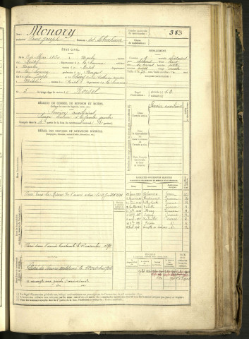 Monory, Louis Joseph, dit Abraham, né le 24 mai 1860 à Nurlu (Somme, France), classe 1880, matricule n° 383, Bureau de recrutement de Péronne