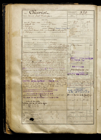 Chevriot, Edmond Joseph Charlemagne, né le 21 janvier 1899 à Cambron (Somme), classe 1919, matricule n° 570, Bureau de recrutement d'Amiens