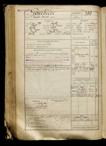 Gourbière, Fernand Vincent, né le 03 juin 1889 à Poeuilly (Somme), classe 1909, matricule n° 732, Bureau de recrutement de Péronne