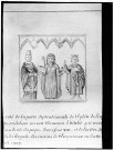 Dessin d'une pierre tombale; sont représentés Clémence d'Oiselet, le pape Boniface VIII et un empereur