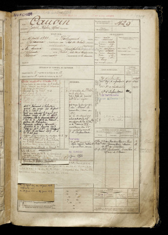 Cauvin, Joseph Fénelon Alfred, né le 16 août 1891 à Warlencourt-Eaucourt (Pas-de-Calais), classe 1911, matricule n° 429, Bureau de recrutement de Péronne