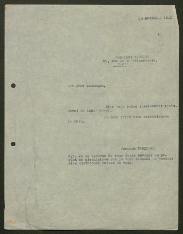 Témoignage de Gautier Pierre (Caporal chef de pièces mitrailleuses) et correspondance avec Jacques Péricard