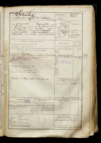 Sachy, Eusèbe Joseph Ambroise, né le 17 août 1891 à Bayonvillers (Somme), classe 1911, matricule n° 155, Bureau de recrutement de Péronne