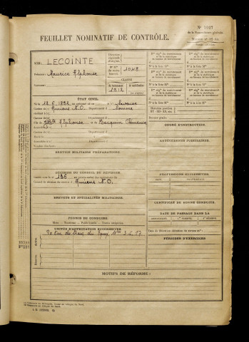 Lecointe, Maurice Alphonse, né le 12 juin 1892 à Saveuse (Somme), classe 1912, matricule n° 1048, Bureau de recrutement d'Amiens