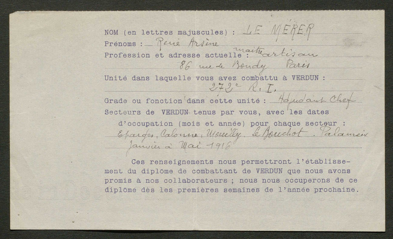 Témoignage de Le Mérer, René Arsène et correspondance avec Jacques Péricard