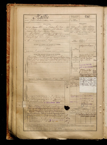 Hallu, Jules Charles Octave, né le 09 janvier 1872 à Fresnoy-lès-Roye (Somme), classe 1892, matricule n° 232, Bureau de recrutement de Péronne