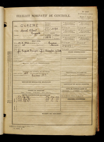 Ovaere, Marcel Albert Auguste, né le 17 mai 1892 à Amiens (Somme), classe 1912, matricule n° 1076, Bureau de recrutement d'Amiens
