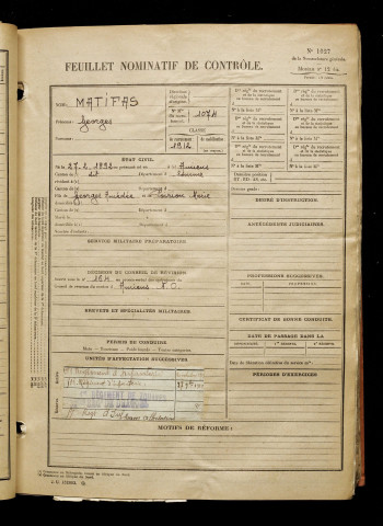 Matifas, Georges, né le 27 février 1892 à Amiens (Somme), classe 1912, matricule n° 1074, Bureau de recrutement d'Amiens